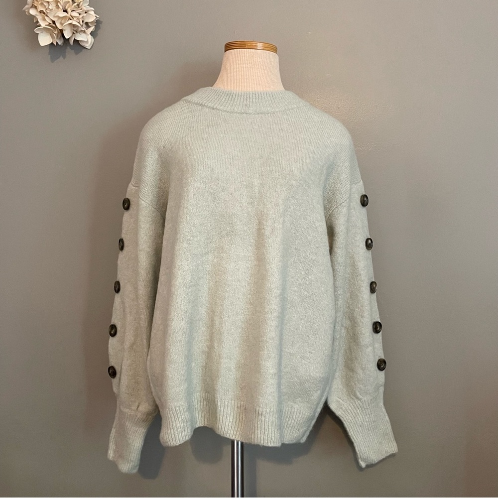 Button Sleeve Wool Blend Mock Neck Sweater